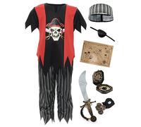 Child's Pirate Costume - Small - Black Top, Red Waistcoat, Striped Trousers, Matching Headband, Sword, Eye Patch, Coins, Money Pouch, Compass and Map - Perfect for Pirate Fancy Dress