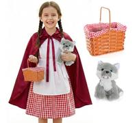 Childs Red Riding Hood Costume - 4 Pc Red White Gingham Dress With Attached White Apron and Red Cape, Plastic Basket & Plush Wolf - Book Day Story Character Outfit Halloween Girls Fancy Dress Costume