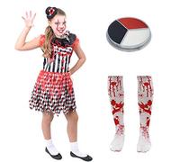 CHILDS SCARY CLOWN DELUXE HALLOWEEN COSTUME - BLACK & WHITE DRESS + MINI BOWLER HAT ON HEADBAND WITH FLOWER + BLOOD-STAINED TIGHTS + BLACK, WHITE & RED FACEPAINT (SIZE: LARGE)