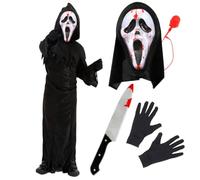 Childs Screamer Costume - Medium - Black Jagged Robe, Screamer Mask with Blood Pump, Fake Knife Prop, Black Gloves - Kids Boys Girls Halloween Fancy Dress Costume