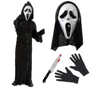 Child's Screamer Costume - Medium - Black Reaper Robe, Hooded Screamer Mask, Plastic Knife Prop and Black Gloves - Perfect for Halloween, Films & Other Fancy Dress