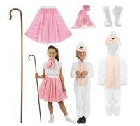 Childs Shepherdess and Sheep Costume Set - Girls Polka Dot Skirt Outfit with Sheep Jumpsuit, Shepherds Crook & Frill Socks - Kids Nursery Rhyme Fancy Dress for World Book Day School Plays Halloween