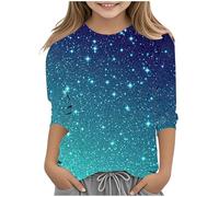 Childs Tops Girls 3-12 Years Sparkling Sequin Printed 3/4 Sleeve T-Shirts Crewneck Blouses Longline School Wear Kids Tunic Tops Casual Sport Holiday Outfit