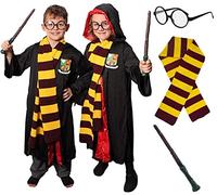 Childs Wizard Costume - X-Large - Black Robe with Magical School Logo, Maroon & Gold Scarf, Round Glasses and Branch Wand - Kids World Book Day Book Week Fancy Dress Costume
