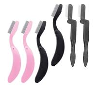 CHILDWEET 6pcs Stainless Steel Eyelash Eyebrow Combs Folding Brush with Colored Plastic Handles for Smoothing Brows and Lashes Black and Pink Straight Handles