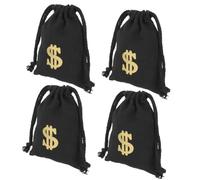 CHILDWEET Canvas Drawstring Money Bag Pouches 4Pcs with Sign, Black 13X18Cm, Suitable for Christmas Candy Storage and Pirate Theme Party Favors