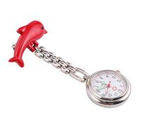 CHILDWEET Clip-on Hanging Watch Zinc Alloy Lapel Pin Dolphin Brooch Fob Quartz Movement Secure Safety Clip Large Arabic Numbers Red for Medical Staff