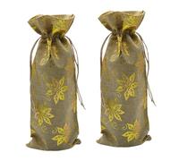 CHILDWEET Golden Drawstring Wine Bags 2pcs 15x37cm, Reusable Sparkling Wine Bottle Wrapping Covers with Foil Print, Linen Texture Packaging for Party and Travel
