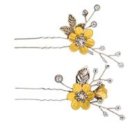 CHILDWEET Handcrafted U-Shaped Wedding Hairpins for Brides, 2Pcs Bridal Hair Accessories with Beaded Flower Accents in Bright Yellow, Elegant Hair Decorations for Weddings and Special