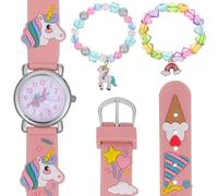 CHILDWEET Unicorn Watch and Bracelet Set and Accurate Time with Pink Silicone Rainbow Strap, Heart Beads and Unicorn Charm Pearl Bracelet, Comfortable to Wear for Christmas or Birthday