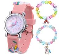 CHILDWEET Watch Bracelet Set with Quartz Movement, Pink Soft Strap, and Beaded Heart Pearl Bracelets, Comfortable to Wear Eye-catching Wrist Watch Kit for Birthday or Christmas