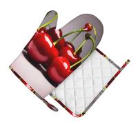 Chilean cherries Oven Mitt with Silicone Grip-Heat Resistant Right Hand Glove and Pot Holder Set, Non-Slip Kitchen BBQ Mitts for Cooking Baking Grilling