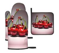 Chilean cherries Prints Oven Gloves And Heat-Resistant Mat Set, Waterproof And Heat-Resistant, For Kitchen Use, Oven Baking.