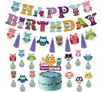 Chilfamy Owl Birthday Decorations, Cute Owl Themed Party Supplies with Birthday Banner, Colorful Owl Tissue Paper Tassels Garland, Cake Toppers for Kids Baby Shower, Woodland Bday Party Decors