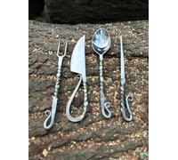 Chilgoza Hand Forged Silverware Set with Leather Cover- Medieval 4 Pcs Kitchen Utensils Set, Viking Cutlery Set, Viking Cutlery Set Knife Spoons and Forks Set- Dinnerware Sets (Silver)