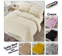 Chilimilii Teddy Bear Fleece Duvet Quilt Cover With Pillowcases Soft Warm Cosy Bedding Set (Cream)
