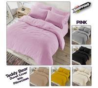 Chilimilii Teddy Bear Fleece Duvet Quilt Cover With Pillowcases Soft Warm Cosy Bedding Set (Pink)