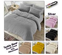 Chilimilii Teddy Bear Fleece Duvet Quilt Cover With Pillowcases Soft Warm Cosy Bedding Set (Silver)