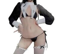 CHILIRIA Nun Costume Sexy Roleplay Anime Cosplay Lingerie Goth Devil The Nun Outfit Lace Mini Bikini Set With Stocking