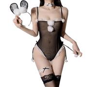 CHILIRIA Sexy Bunny Costume Anime Senpai Roleplay Skimpy Mesh Plush Rabbit Fishnet Bodysuit Outfits Set For Easter Halloween Cosplay Party Black
