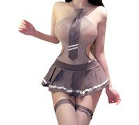 CHILIRIA Women School Girl Lingerie Cut Out Mesh Fishnet Bodysuit Japanese Role Playing Cosplay Anime Lingerie Bodysuit Skirt Stocking