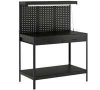 Chilli Seating 110 Cm Workbench With Pegboard, Heavy Duty Work Table With Power Strip And Led Light, Black