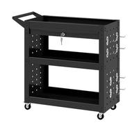 Chilli Seating Tool Cart With Lockable Wheels, Rolling Workshop Cart With 3-Tier Trays, Drawer, Pegboards, Black