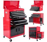 Chilli Seating Tool Chest, Metal Tool Cabinet On Wheels With 6 Drawers, Pegboard, Top Chest And Roller Cabinet Combo, Red And Black