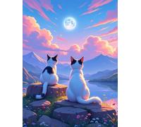 Chilliyin 5D Diamond Painting Kits for Adults, Cute Cats Watching Moon Diamond Art, Full Drill Paint with Diamonds Mountain Lake Landscape for Home Wall Decor Gift 12x16 Inch