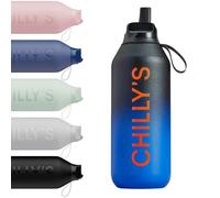 Chilly's Series 2 Flip Bottle, Sports Flip Lid, 500ml - Ombre Black Blue | Telescopic Straw, Nylon Carry Loop, Easy Flip Lid, Straw Cleaning Brush Included