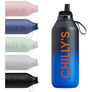 Chilly's Series 2 Flip Bottle with Sports Flip Lid, Telescopic Straw and Nylon Carry Loop - Easy Flip Lid, Straw Cleaning Brush Included - 500ml - Ombre Black Blue