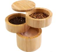 Chiloskit Bamboo Salt Cellar with Swivel Lid, 3-Tier Salt Box Containers Magnetic Spice Jars for Kitchen to Storage Pepper, Sugar, Herbs, Seasonings 7x9cm (3-Tier)