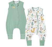 Chilsuessy 2pcs Baby Sleeping Bag with Feet 1.5 TOG Baby Sleep Sack with Legs 100% Cotton Toddler Wearable Blanket Walker Sleep Sack Kids, 1.5 Tog/Green + Cute Fox, 70cm/6-18 Months
