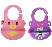 Chilsuessy Waterproof Silicone Bib for Toddlers Babies with Pocket Cartoon Design Easily Wipes Clean, 2Pcs-Pink Bear+Bee, One Size