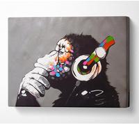 Chimp Headphones Thinking Canvas Print Wall Art - Medium 20 X 32 Inches