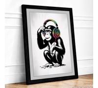 Chimp in Headphones Modern Framed Wall Art Print A3 (42×29.7cm) Black, Wall Decor for Living Room, Bedroom, Office & Home, Ready to Hang, Art Gift