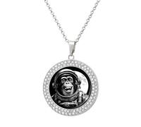 Chimpanzee Astronaut Monkey Necklace For Women Charm Circle Pendant with Crystals Dainty Jewelry