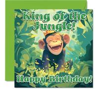 Chimpanzee Birthday Cards - King of the Jungle - Happy Birthday Card for Son Daughter Brother Sister Grandson Granddaughter Niece Nephew Cousin, 145mm x 145mm Bday Greeting Cards