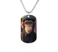 Chimpanzee in Hat And Suit Memorial Necklace Medallion Pendant with Long Chain Stainless Steel Rectangle Dog Tag for Men Women