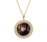 Chimpanzee in Hat And Suit Vintage Necklace Gold Silver Pendant Jewelry Lady Multicolored Diamond Necklaces with Chain