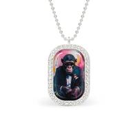Chimpanzee in Suit with Sunglasses Rectangle Pendant Necklace Silver Women Jewelry Alloy Keychain Tag Jewelry