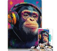 Chimpanzee Wearing Headphones 1000 Piece Jigsaw Puzzle for Adults And Teenagers,Educational Toy Funny Family Games Unique Home Decor (38x26cm)