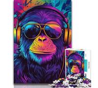 Chimpanzee Wearing Headphones JigsawPuzzle 1000 Pieces for Adults,Learning Educational Toys Family Games with Matching Poster And Trivia Sheet 38x26cm