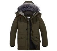 CHIN·MOON Men's Winter Warm Coat Windproof Puffer Jacket Outdoor Thicken Parka Jacket Mid Length Outerwear Coat with Faux Fur Hooded Army Green XL