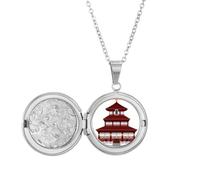 China Architecture Temple Landmark Pattern Locket Necklace Hold Picture Jewelry Birthday Gift