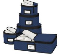 China Storage Containers 5-Piece Set Moving Boxes for Dinnerware, Glasses, Plates, Mugs and Saucers Sturdy Quilted Microfiber Dish Organizer with Dividers for Seasonal Storage - Holds Set of 12, blue