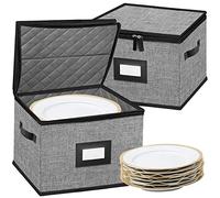 China Storage Containers-Quilted Dish Storage Containers with Lid Hard Shell for Moving Transport, Dinnerware Storage,Stackable Plate Storage,24 Felt Plate Dividers Included,2PACK 12*12*8in(Dark Grey)