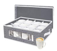 China Storage Containers with Divider, Mugs and Cups Set Storage Box with Lid and Handles, Holds 12 Coffee Mugs and Tea Cups, Hard Shell and Stackable (Grey)