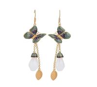 China Style Ancient Enamel Drop Glaze Natural Jade Magnolia Flower Butterfly Tassel Earrings, Stone, No Gemstone