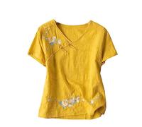 China Style Spring Summer Printing T-Shirt Oriental Female Clothes Chinese Blouses Women Retro Cotton Linen Shirt H218-4 M
